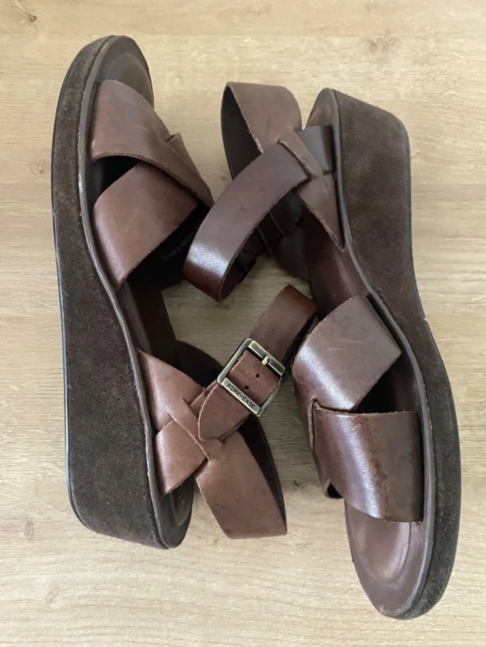 Kork-Ease Brown Leather Wedge Sandals With Adjustable Strap Size 9